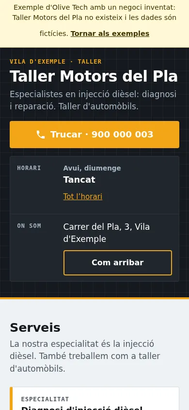 Captura de la web d'exemple de Taller Motors del Pla en un mòbil: el nom, el botó de trucar, l'horari d'avui i l'adreça a la primera pantalla.
